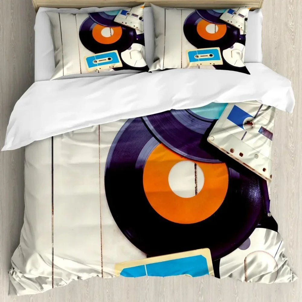 Indie Duvet Cover Set Nostalgic for Vinyl and Cassette Sz Queen NWT